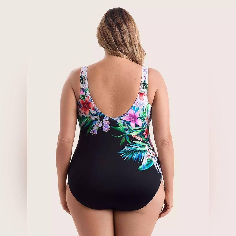 Longitude Black White Pink Floral Scoopback Highneck Long Torso One-Piece 22W - Picture 7 of 8